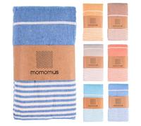 MOMOMUS Fouta de Plage XXL Anti-Sable, avec Franges et 100% Coton - Grande Serviette de Plage XXL sans Sable, Couverture de Pique-Nique ou Grand Paréo - Bleu, 210x240 cm
