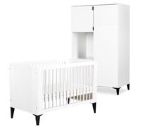 Mon Mobilier Design MIA Chambre bébé lit évolutif 120x60 + Armoire Blanc | Sommier réglable sur 3 hauteurs et 3 barreaux amovibles pour accompagner la croissance de bébé. Structure en hêtre et MDF.