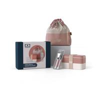 monbento - Coffret Cadeau Déjeuner- avec Bento Box MB Original Moka Made in France, Lunch bag MB Pochette L Natural, Set de Couverts MB Slim Box Flamingo - Rose - Cadeau Original