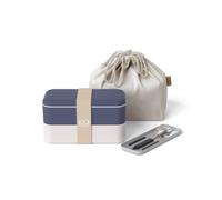 monbento - Set Lunch box Natural - avec Bento Box MB Original à Compartiments Made in France, Set Couverts Inox MB Slim Box, Lunch Bag MB Pochette M - Sans BPA - Durable et Sûr - Bleu et Crème