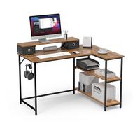 Mondeer 120cm Bureau d'angle avec Support de Moniteur,Tiroirs,Marron | Bureau Enfant avec Étagère Amovible,Support de Moniteur Surélevé,Crochets Amovibles, Structure Métallique,Chambre,Studio
