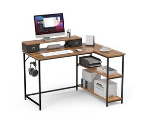 Mondeer 120cm Bureau d'angle avec Support de Moniteur,Tiroirs,Marron | Bureau Enfant avec Étagère Amovible,Support de Moniteur Surélevé,Crochets Amovibles, Structure Métallique,Chambre,Studio