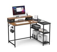 Mondeer 120cm Bureau d'angle avec Support de Moniteur,Tiroirs,Marron Noir | Bureau Enfant avec Étagère Amovible,Support de Moniteur Surélevé,Crochets Amovibles, Structure Métallique,Chambre,Studio