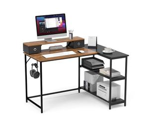 Mondeer 120cm Bureau d'angle avec Support de Moniteur,Tiroirs,Marron Noir | Bureau Enfant avec Étagère Amovible,Support de Moniteur Surélevé,Crochets Amovibles, Structure Métallique,Chambre,Studio