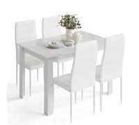 Mondeer 120cm Ensemble Table à Manger avec 4 Chaises,Cuir Synthétique | Table Cuisine avec 4 Chaise à Dossier Haut,Facile à nettoyer, Ecurie,Bois,Cuisine, Salle à Manger, Salon,Blanc