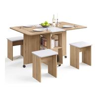 Mondeer 120cm Ensemble Table à Manger Pliable avec 4 Chaises,Petit Espace | 2 Etagères Grand Espace de Rangement,Table Pliante Cuisine Gain de Place,Roulettes,Appartement,Salle à Manger,Bois Naturel