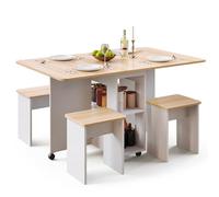 Mondeer 120cm Ensemble Table à Manger Pliable avec 4 Chaises,Petit Espace | 2 Etagères Grand Espace de Rangement,Table Pliante Cuisine Gain de Place,Roulettes,Appartement,Salle à Manger,Chêne Blanc