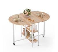Mondeer 120cm Table à Manger Pliable,Table de Cuisine pour Petits Espaces | Ovale Table Rabattable Extensible, Etagères de Rangement,Avec Roues,2 à 4 Personnes,Moderne,Chêne et Blanc