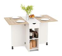 Mondeer 120cm Table à Manger Pliable,Table de Cuisine pour Petits Espaces | Table Rabattable Extensible avec Tiroir et Etagères de Rangement, Rectangulaire,2 à 4 Personnes,Chêne et Blanc