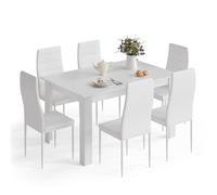 Mondeer 138cm Ensemble Table à Manger avec 6 Chaises,Cuir Synthétique | Table Cuisine avec 6 Chaise à Dossier Haut,Facile à nettoyer, Ecurie,Bois,Cuisine, Salle à Manger, Salon,Blanc