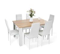 Mondeer 138cm Ensemble Table à Manger avec 6 Chaises,Cuir Synthétique | Table Cuisine avec 6 Chaise à Dossier Haut,Facile à nettoyer, Ecurie,Bois,Cuisine, Salle à Manger, Salon,Blanc et Chêne
