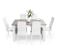 Mondeer 138cm Ensemble Table à Manger avec 6 Chaises,Cuir Synthétique | Table Cuisine avec 6 Chaise à Dossier Haut,Facile à nettoyer, Ecurie,Bois,Cuisine, Salle à Manger, Salon,Blanc et Gris