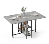 Mondeer 140cm Table à Manger Pliable,Table de Cuisine pour Petits Espaces | Table Rabattable Extensible avec Etagères de Rangement,Avec Roues,Rectangulaire,4 à 6 Personnes,Moderne,Gris