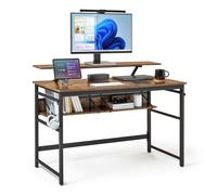 Mondeer Bureau d'Ordinateur avec Support de Moniteur,120 x 60cm,Marron | Bureau Enfant avec Étagère Amovible,Support de Moniteur Surélevé,Crochets Amovibles, Structure Métallique,Chambre,Studio
