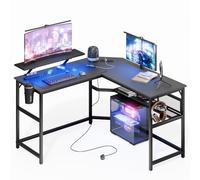 Mondeer Bureau en Forme de L avec LED, 130 x 130 cm Bureau d'angle Réversible avec Port de Charge USB et Prise de Courant Étagères Réglable, pour Chambre à Coucher, Noir