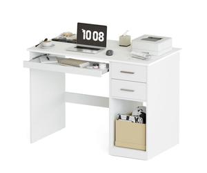 Mondeer Bureau informatique avec 2 Tiroirs, Plateau Clavier et Étagère de Rangement Ouvert, Bureau d’Ordinateur 105x48x75 cm, Blanc