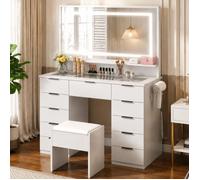 Mondeer - Coiffeuse avec miroir LED et tabouret - 11 tiroirs, plateau verre, prise+USB, luminosité réglable - Blanc, 108x37,5x140 cm