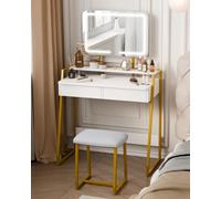 Mondeer Coiffeuse avec Miroir LED et Tabouret Rembourré, Luminosité Réglable, Table de Maquillage avec 2 Grands Tiroirs et Étagères de Rangement, Cadre en Métal, pour Chambre à Coucher, Blanc et Or