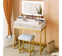 Mondeer Coiffeuse avec Miroir LED et Tabouret, Table de Maquillage avec 2 Tiroirs 2 Boîtes à Bijoux et 3 Étagères de Rangement Luminosité Réglable Cadre en Métal, Style Moderne, pour Chambre à Coucher