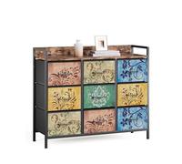 Mondeer Commode 9 tiroirs en Tissu, Motif bohème Vintage, 99x30x84 cm | Plateau en bois, cadre métallique robuste. Style campagnard, couleur brun. Parfait pour chambre, entrée, salon.