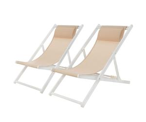 Mondeer Ensemble de 2 chaises longues de jardin pliables avec appuie-tête réglable blanc et beige