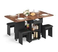 Mondeer Ensemble Table à Manger avec 4 Chaises, Ensemble Table à Manger Pliable avec 2 Tiroirs et 2 Etagères de Rangement, pour Petits Espaces, 140 x 75 x 80 cm (Marron Rustique et Noir)