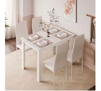Mondeer Ensemble Table à Manger avec 4 Chaises Simili Cuir à Bandes Horizontales pour Salle à Manger 120x80x75 cm Blanc