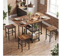 Table pliante Mondeer avec 4 tabourets et tablettes, ensemble de salle à manger mobile à 6 roulettes pour la cuisine et le salon, 120 x 70 x 75 cm, brun rustique