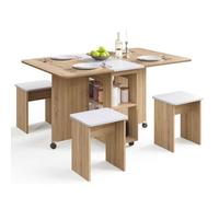 Mondeer Ensemble Table à Manger avec 4 Chaises, Ensemble Table à Manger Pliable avec Chaises pour Petits Espaces avec Etagères de Rangement, pour Salle à Manger Cuisine, Bois Naturel