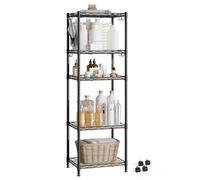 Mondeer Étagère de Rangement Métal 5 Niveaux avec Roues et 8 Crochets, 100kg Ajustable idéal pour Cuisine/Salon, 40x30x126cm, Noir
