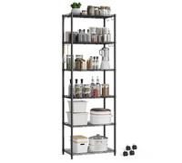 Mondeer Étagère de Rangement Métal 6 Niveaux avec Roues et 8 Crochets, 120kg Ajustable idéal pour Cuisine/Salon, 54x29x163cm, Noir