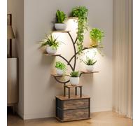 Mondeer Étagère pour plantes 160cm, avec lampe LED, 9 étages & 2 tiroirs, noir-marron