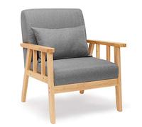 Mondeer - Fauteuil Salon - Tissue de Lin avec Cadre en Bois Massif Chaise Rétro avec Oreiller, Convient au Chambre à Coucher Salon Balcon Bureau, Gris Foncé