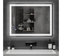 Mondeer Miroir de Salle de Bain avec Éclairage, Miroir Mural LED avec Interrupteur Tactile et Antibuée, Loupe 5X Detachable avec Luminosité Ajustable, Style Moderne pour Salle de Bain, 80 x 60 cm
