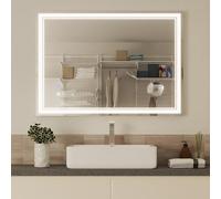Mondeer Miroir de Salle de Bain avec Éclairage, Miroir Mural LED avec Interrupteur Tactile et Antibuée, Loupe 5X Detachable avec Luminosité Ajustable, Style Moderne pour Salle de Bain, 80 x 60 cm