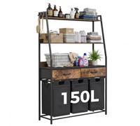 Mondeer Panier à Linge 150L 3 Compartiments, étagères réglables et tiroirs | Panier à linge avec crochets et 3 sacs à linge amovibles de 50 L, trieur à linge pour salle de bain, buanderie