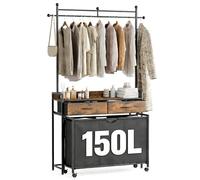 Mondeer Panier à Linge 3 Compartiment, 150L Chariot à Linge avec 2 Tiroirs et Amovible Porte-Manteau, pour Buanderie Salle de Bain, 129 x 33 x 199 cm, Marron Rustique et Noir