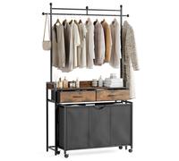 Chariot à linge Mondeer avec tiroirs, sac à linge, étagère, barre de suspension et roulettes, stable, anti-basculement et peu encombrant, 129 x 33 x 199 cm, noir