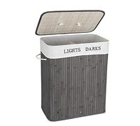 Mondeer Panier à Linge Pliable en Bambou 52 x 32 x 62.5cm Corbeille à Linge avec 2 Compartiments et Sac Amovible Lavable Naturelle 100L, Gris
