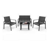 Ensemble de meubles de jardin Mondeer 4 pièces, salon avec accoudoirs et table en verre, résistant aux intempéries pour balcon ou terrasse, noir