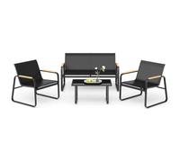 Mondeer Salon de Jardin Extérieur 4 places, Métal et Textilène avec Accoudoirs en Bois, Comprend 3 Assises et 1 Table Basse, Noir