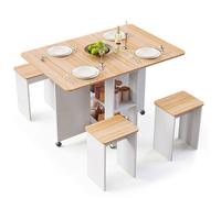 Mondeer Table à manger avec 4 chaises, 3-en-1 pliable 120cm, roulettes verrouillables, rangement, pour petit espace, chêne et blanc