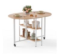 Mondeer table à manger Pliable sur roulettes, table de cuisine avec 2 étagères de rangement pour petits espaces, 120×80×75 cm, chêne