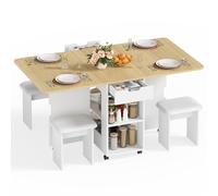 Mondeer Table à Manger Pliante avec 4 chaises, pour Petits Espaces | Ensemble Table et Chaises de Salle à Manger avec 4 Chaises Rembourrées, 2 Tiroirs et 2 Étagères de Rangement