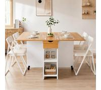Mondeer Table à Manger Pliante pour 4 à 6 Personnes, Table Pliante avec tiroir et 2 étagères Ouvertes pour Petits espaces, Salle à Manger, Cuisine, 120 x 72 x 75 cm, Blanche et chêne Rouge