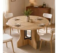 Mondeer Table à Manger Ronde pour 4-6 Personnes, 120cm Rétro Table Ronde | Table Ronde avec Stucture Mètallique et Piètement en Croix en Bois, Idéale pour salle à Manger, Cuisine et Salon, Chêne