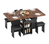 Mondeer Table cuisine pliante avec rangement intégré 140x80cm 4 chaises rembourrées rangables roulettes petit espace Marron Rustique