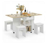 Mondeer Ensemble Table à Manger avec 4 Chaises, Ensemble Table à Manger Pliable avec 2 Tiroirs et 2 Etagères de Rangement, pour Petits Espaces, 140 x 75 x 80 cm (Bois Naturel)