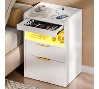 Mondeer Table de Chevet LED avec Tiroir Caché, Station de Chargement | Meuble de Chevet avec USB et Prises, Éclairage LED, 2 Tiroirs et Tiroir Caché pour Chambre Salon Bureau