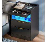 Mondeer Table de Chevet LED avec Tiroir Caché, Station de Chargement | Meuble de Chevet avec USB et Prises, Éclairage LED, 2 Tiroirs et Tiroir Caché pour Chambre Salon Bureau